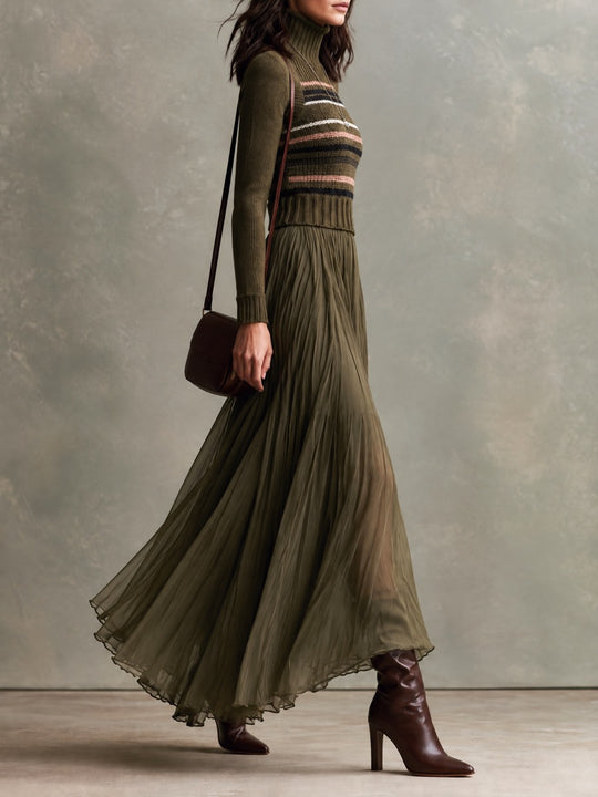 Boho Olive Green Turtleneck Striped Knit Paneled Pleated Chiffon Maxi Dress