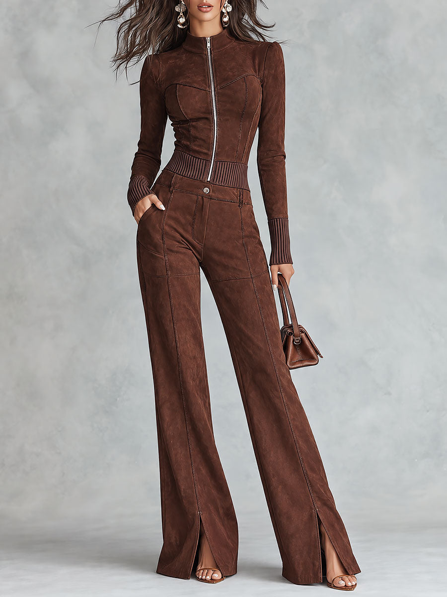 Boho Faux Suede Zip-Up Ribbed Trim Cropped Top & High-Waist Split-Hem Wide-Leg Pants Set