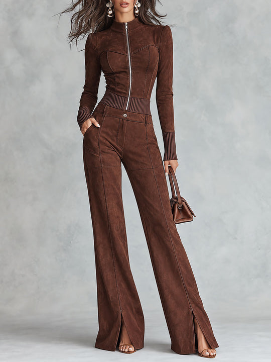 Boho Faux Suede Zip-Up Ribbed Trim Cropped Top & High-Waist Split-Hem Wide-Leg Pants Set