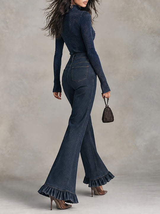 Ribbed High-neck Ruffle Trim Top & High-Waisted Ruffle Hem Flare Jeans Set