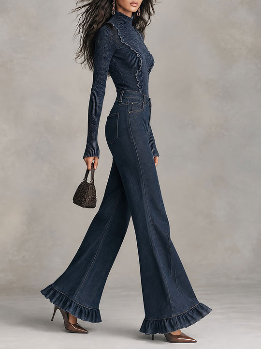 Ribbed High-neck Ruffle Trim Top & High-Waisted Ruffle Hem Flare Jeans Set