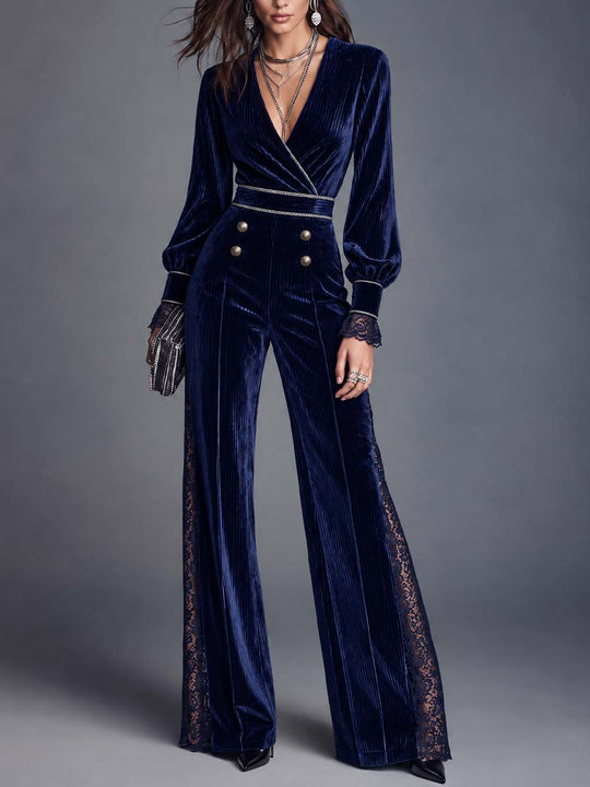 Navy Velvet Surplice V-Neck Wide Leg Jumpsuit with Lace Trim and Bishop Sleeves