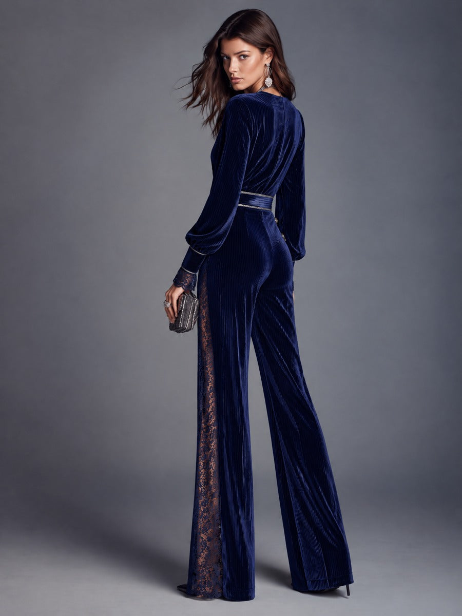 Navy Velvet Surplice V-Neck Wide Leg Jumpsuit with Lace Trim and Bishop Sleeves