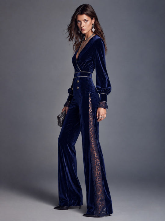 Navy Velvet Surplice V-Neck Wide Leg Jumpsuit with Lace Trim and Bishop Sleeves