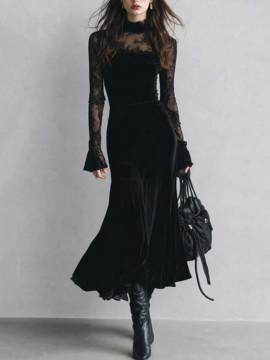Vintage-Style Lace-Panel Polyester Velvet Black Midi Dress