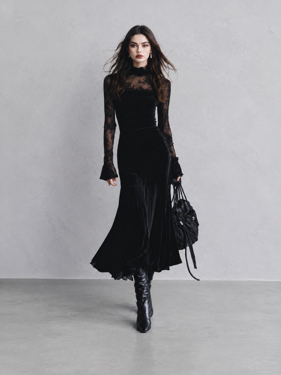 Vintage-Style Lace-Panel Polyester Velvet Black Midi Dress
