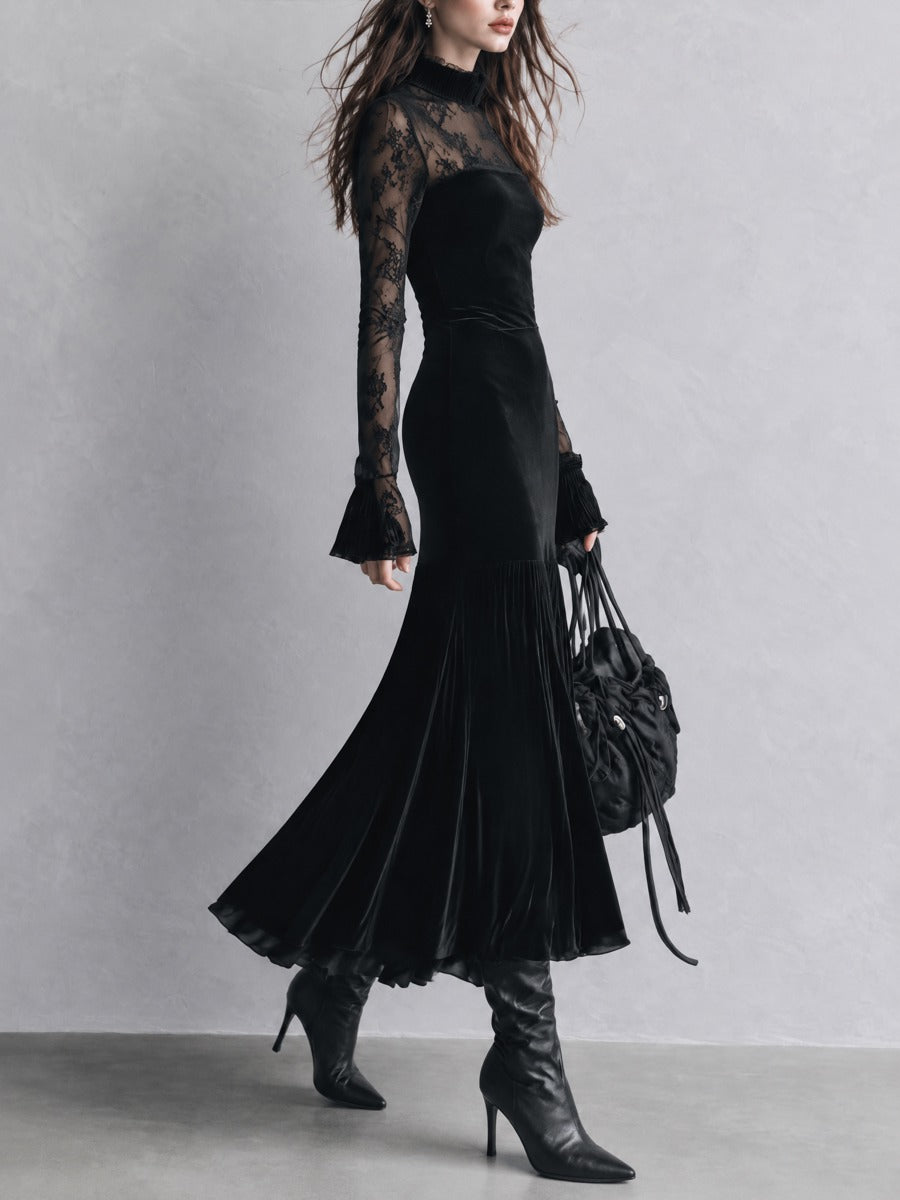 Vintage-Style Lace-Panel Polyester Velvet Black Midi Dress