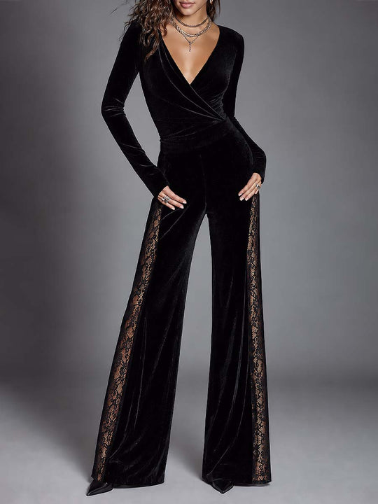 Women's Black Velvet Wrap V-Neck Long Sleeve Wide Leg Jumpsuit with Lace Side Panels