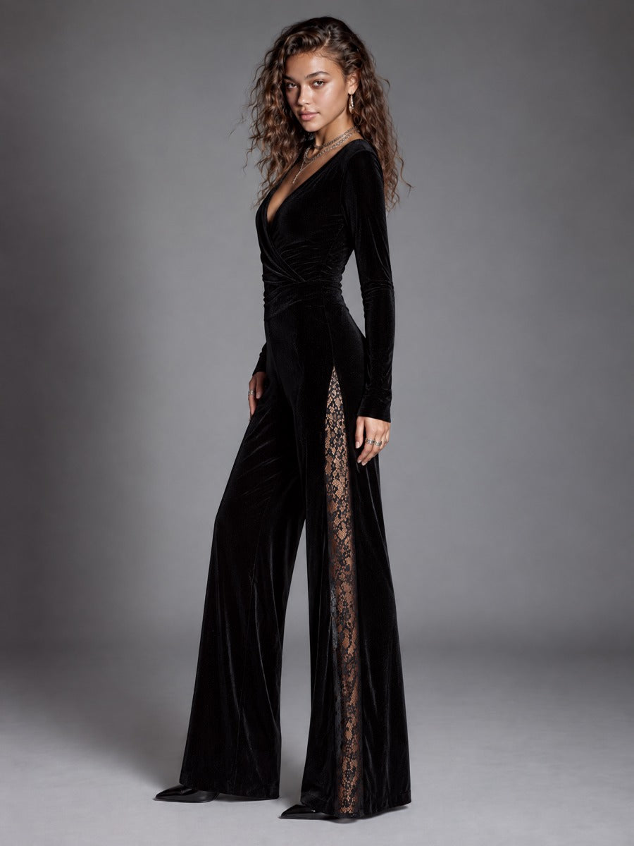 Women's Black Velvet Wrap V-Neck Long Sleeve Wide Leg Jumpsuit with Lace Side Panels