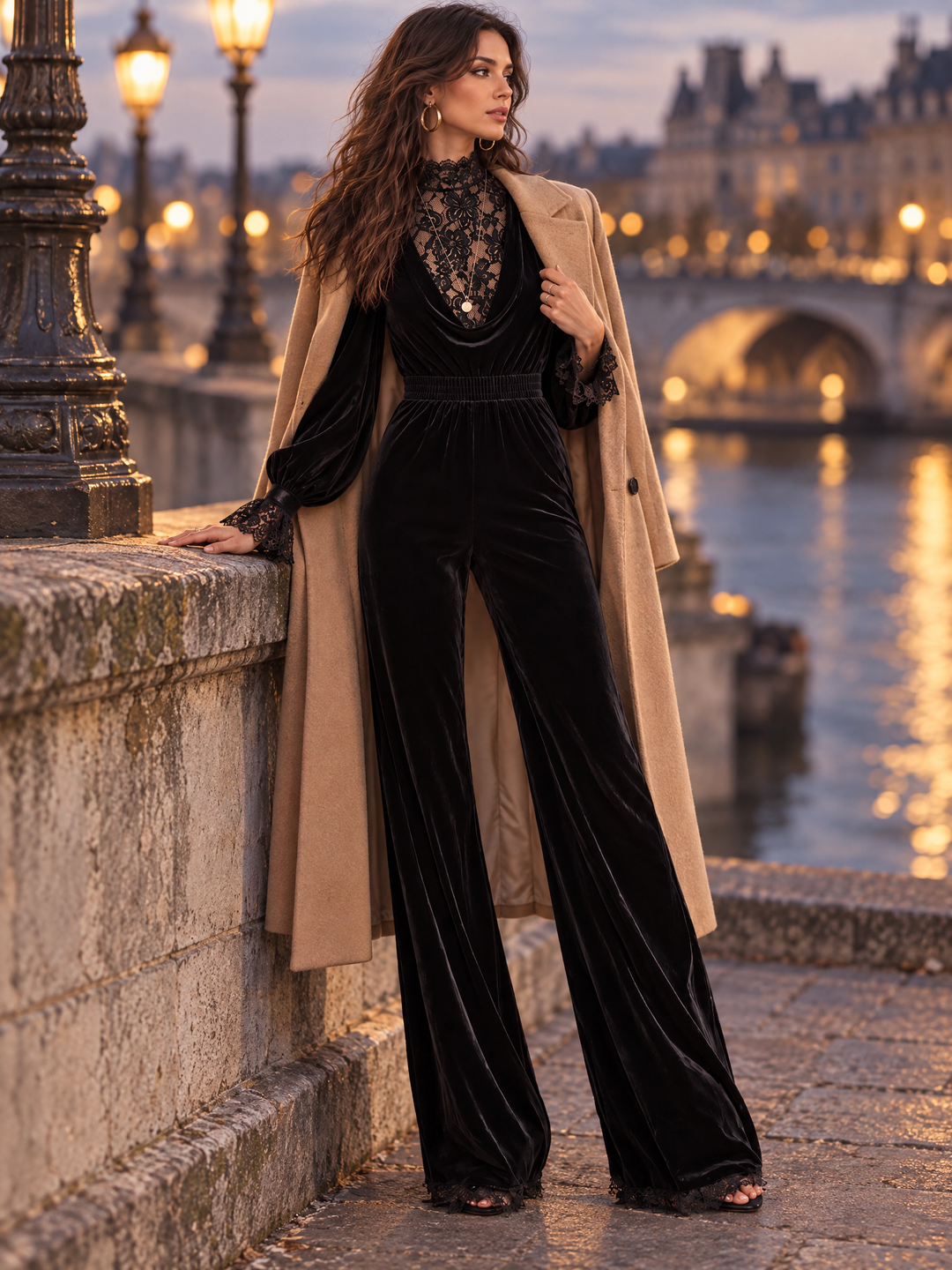 Women's Black Velvet cowl neckline Jumpsuit with Lace High Neck