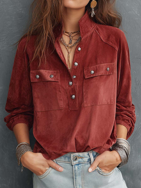 Vintage Stand Collar Half-Button Polyester Suede Pullover Shirt