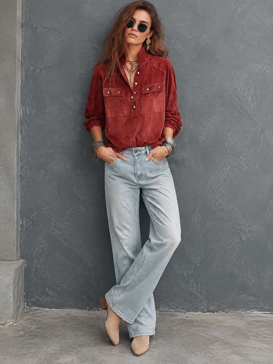 Vintage Stand Collar Half-Button Polyester Suede Pullover Shirt