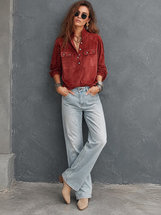 Vintage Stand Collar Half-Button Polyester Suede Pullover Shirt