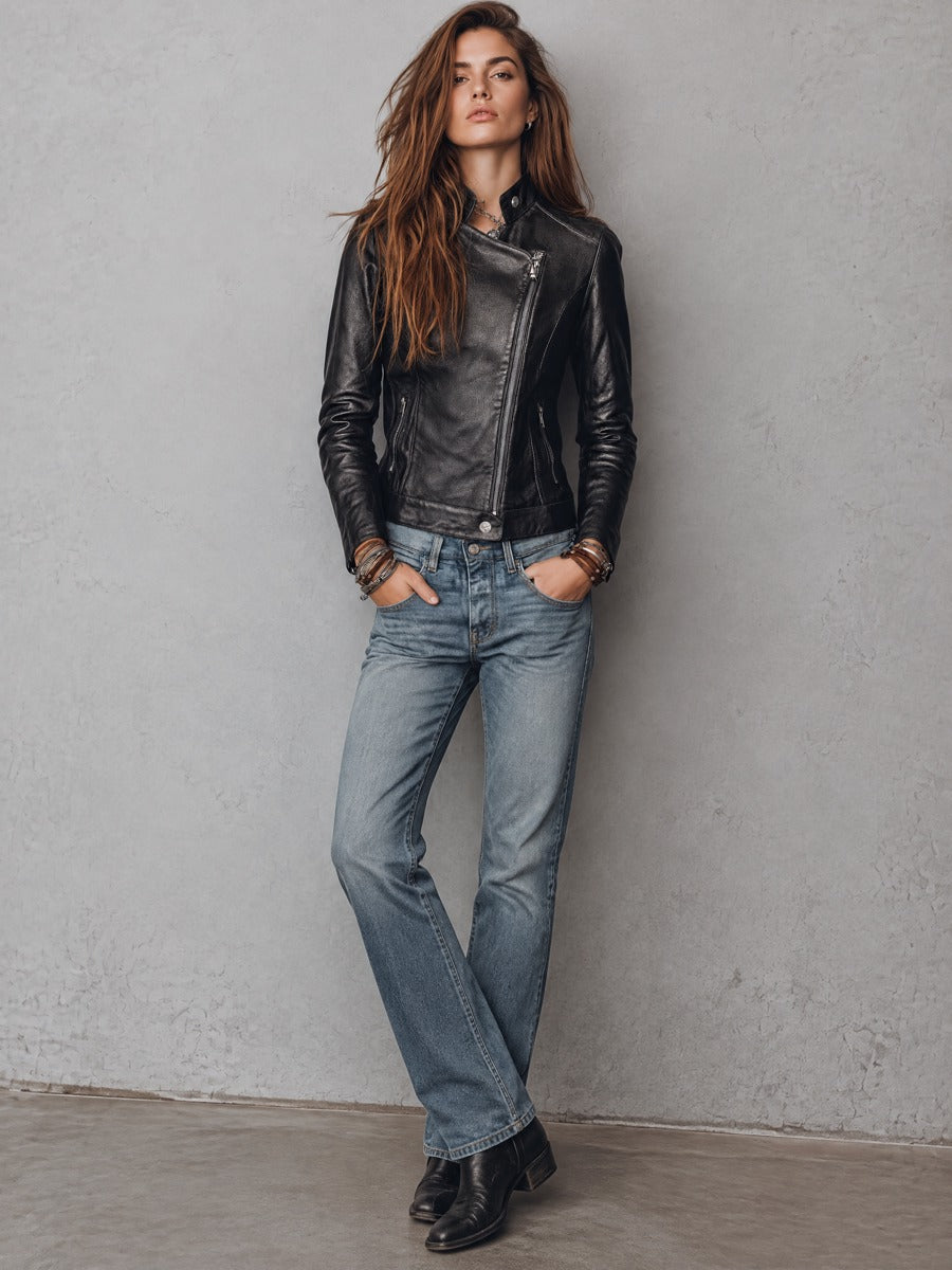 Vintage Faux Leather Asymmetric Zip Biker Jacket