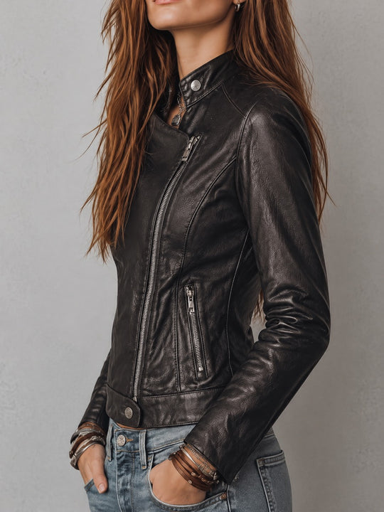 Vintage Faux Leather Asymmetric Zip Biker Jacket