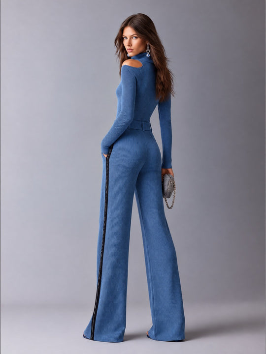 Blue Ribbed Knit Cold-Shoulder Button-Front Wide-Leg Jumpsuit with Contrast Side Stripes