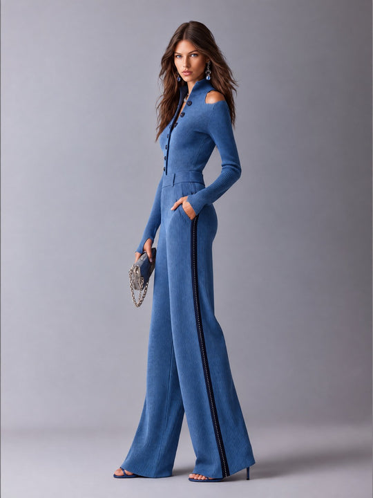 Blue Ribbed Knit Cold-Shoulder Button-Front Wide-Leg Jumpsuit with Contrast Side Stripes