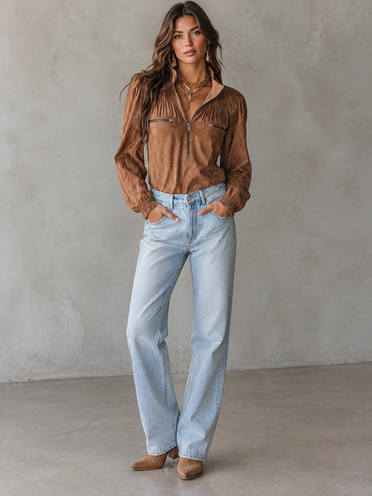 Vintage Smocked Yoke Half-Zip Stand Collar Faux Suede Blouse