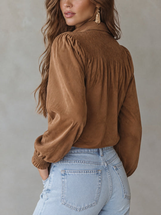 Vintage Smocked Yoke Half-Zip Stand Collar Faux Suede Blouse