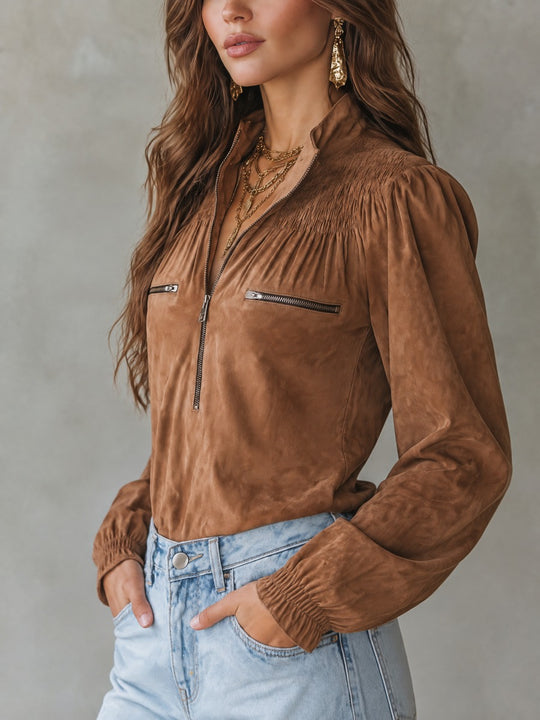 Vintage Smocked Yoke Half-Zip Stand Collar Faux Suede Blouse