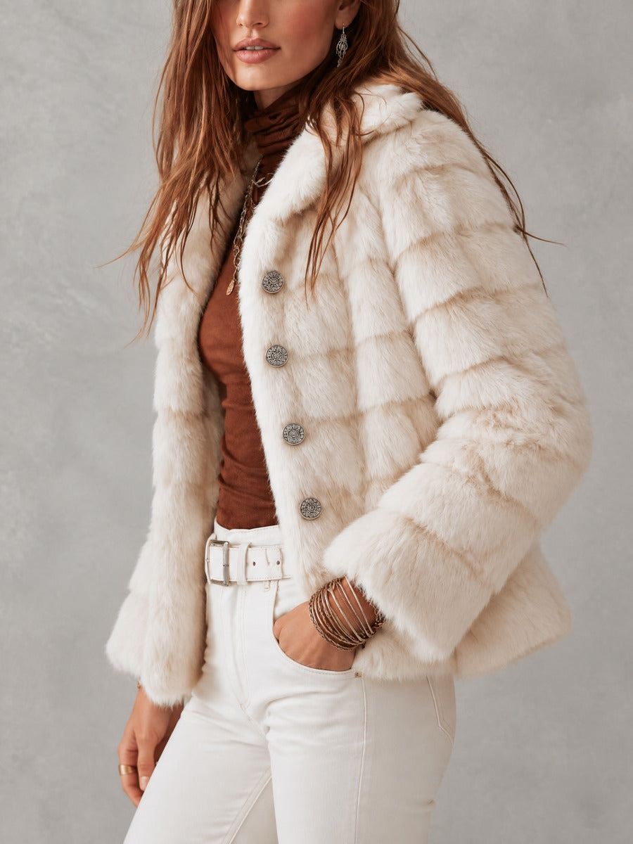 Vintage Lapel Collar And Silver Buttons Faux Fur Plush Winter Jacket