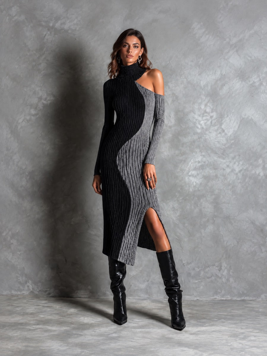 Chic Colorblock Ribbed Knit Turtleneck Cold Shoulder Midi Sweater Dress