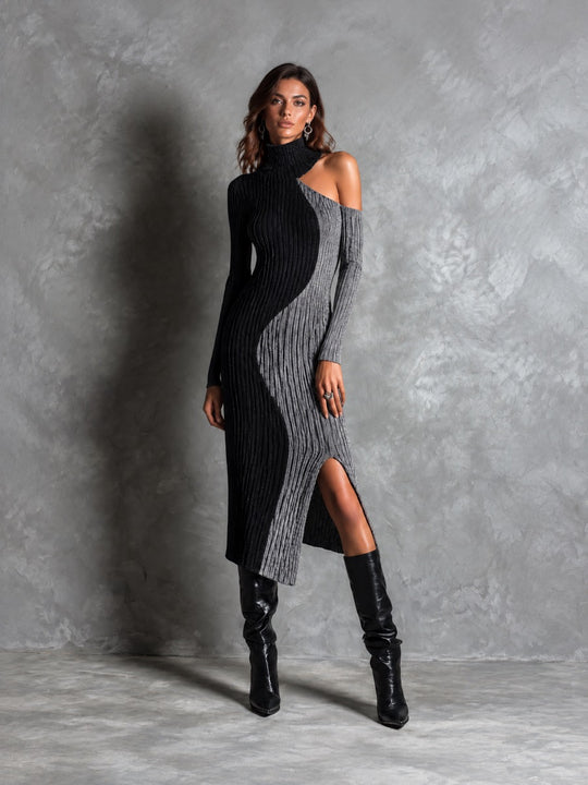 Chic Colorblock Ribbed Knit Turtleneck Cold Shoulder Midi Sweater Dress