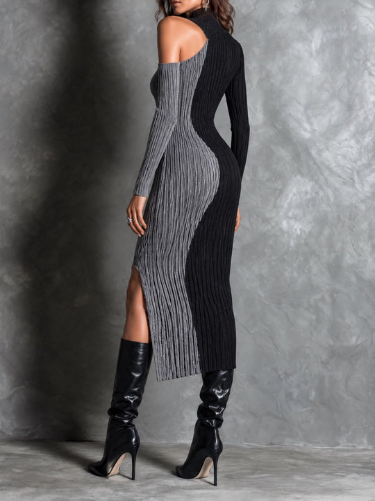 Chic Colorblock Ribbed Knit Turtleneck Cold Shoulder Midi Sweater Dress