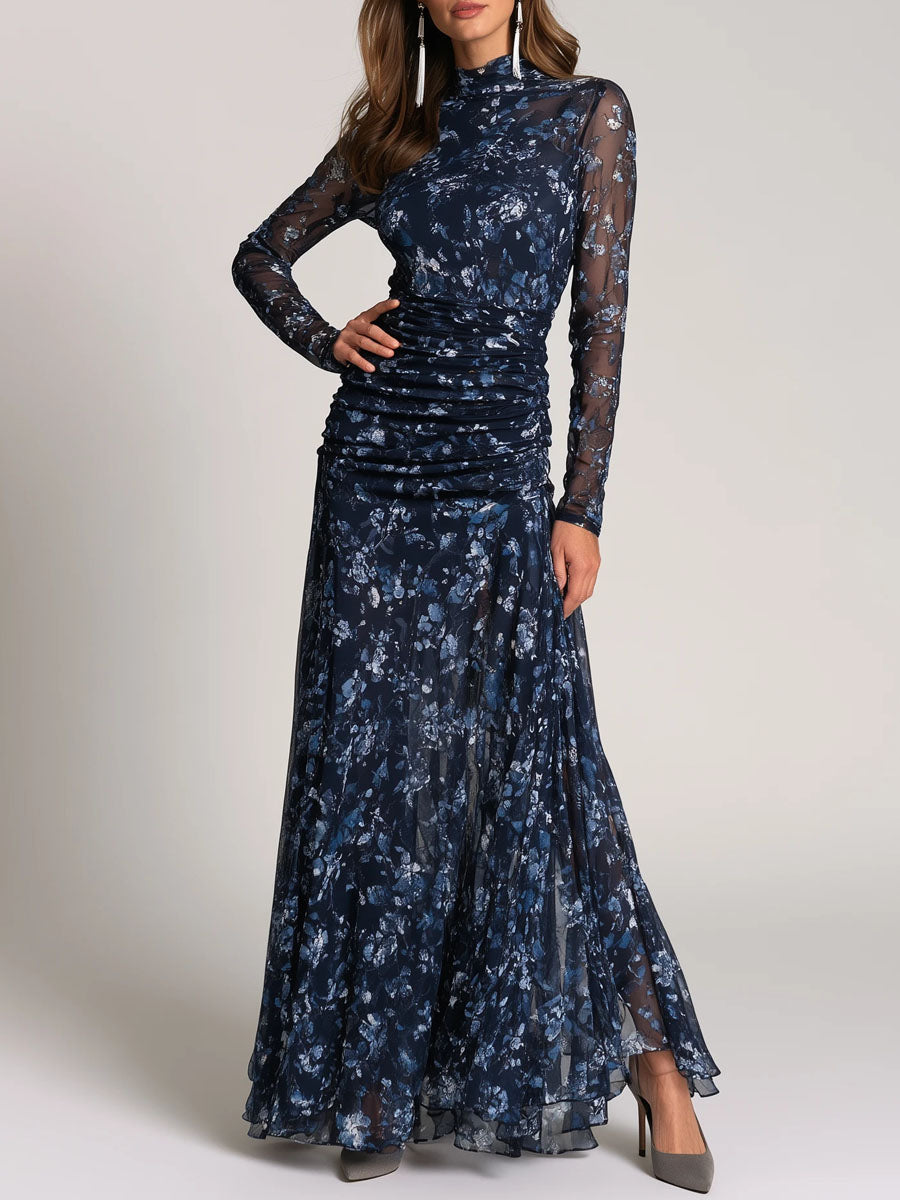 Elegant Mock Neck Navy Floral Print Mesh Ruched Maxi Dress