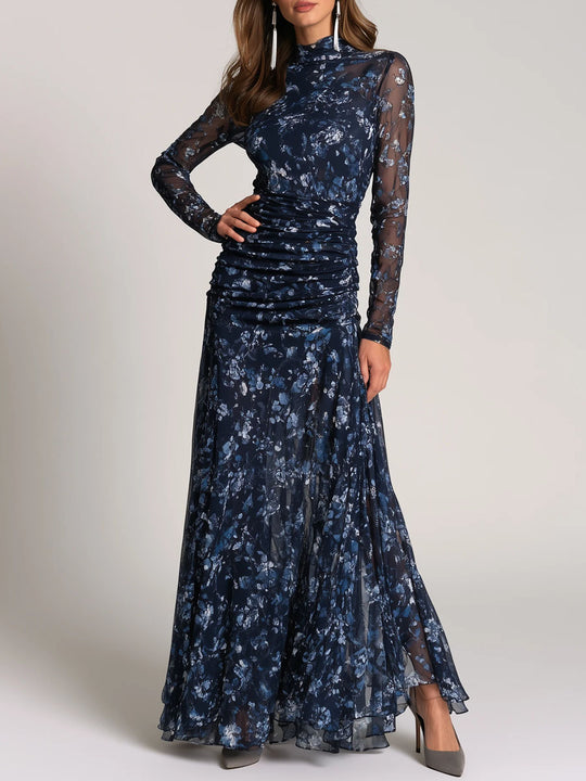 Elegant Mock Neck Navy Floral Print Mesh Ruched Maxi Dress