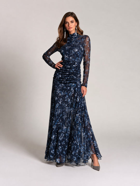 Elegant Mock Neck Navy Floral Print Mesh Ruched Maxi Dress