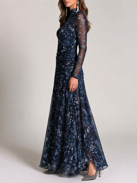 Elegant Mock Neck Navy Floral Print Mesh Ruched Maxi Dress