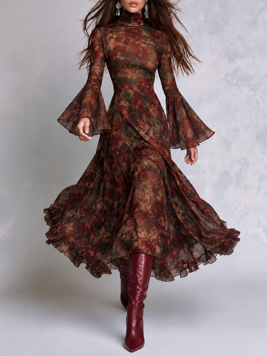 Boho Floral Print Mock Neck Bell Sleeve Ruffle Hem Midi Dress