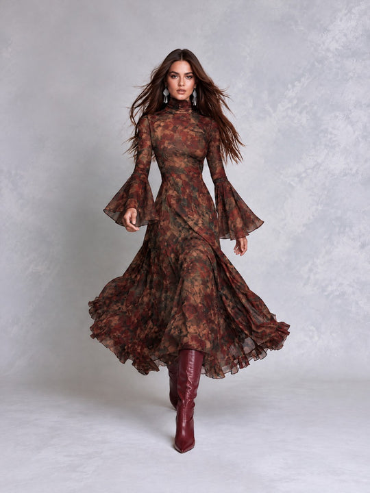 Boho Floral Print Mock Neck Bell Sleeve Ruffle Hem Midi Dress