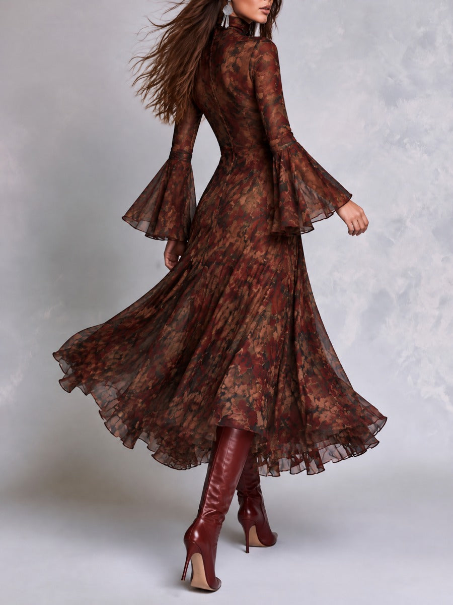 Boho Floral Print Mock Neck Bell Sleeve Ruffle Hem Midi Dress