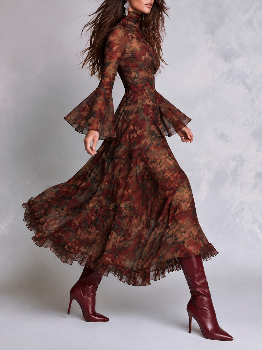 Boho Floral Print Mock Neck Bell Sleeve Ruffle Hem Midi Dress