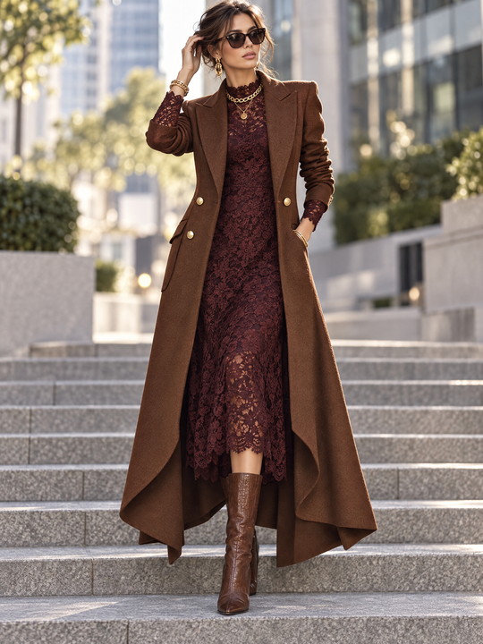 Women's Brown Double-Breasted Gold Buttons Blazer Maxi Dress With Asymmetric Hem