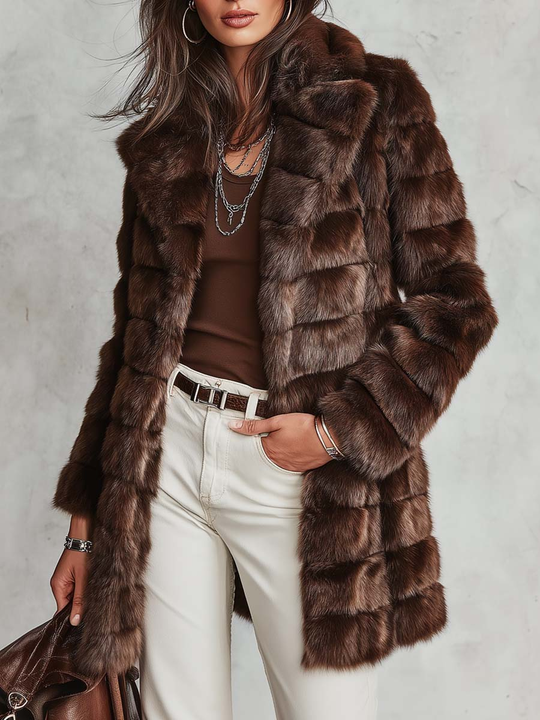 Vintage Brown Notched Lapel Mid-Length Faux Fur Coat