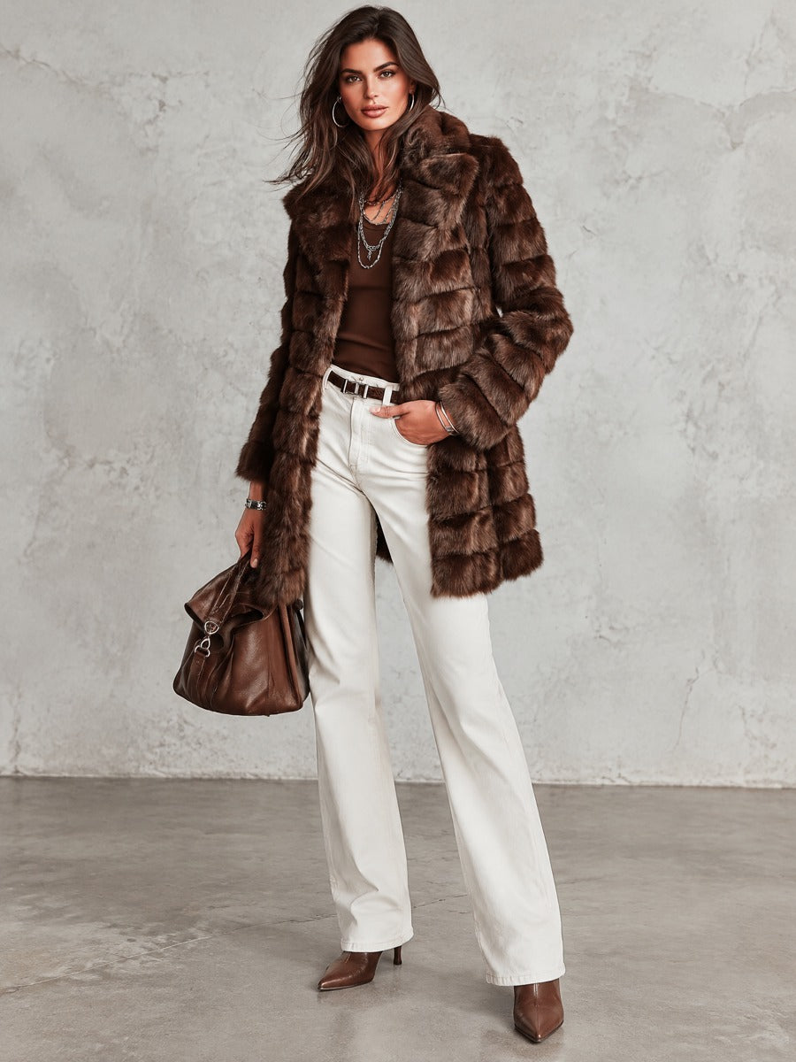 Vintage Brown Notched Lapel Mid-Length Faux Fur Coat