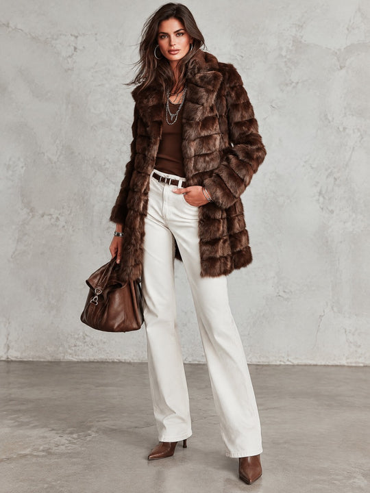 Vintage Brown Notched Lapel Mid-Length Faux Fur Coat