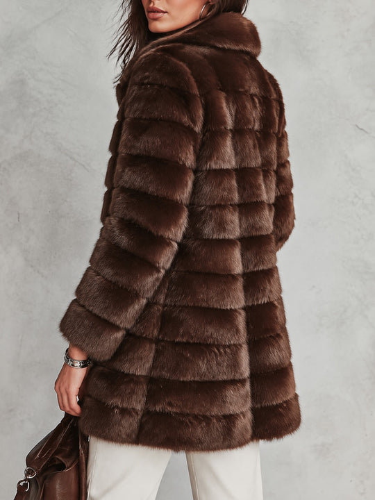 Vintage Brown Notched Lapel Mid-Length Faux Fur Coat