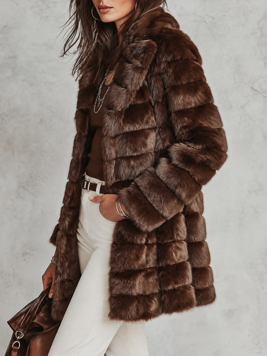 Vintage Brown Notched Lapel Mid-Length Faux Fur Coat
