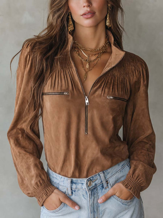 Vintage Smocked Yoke Half-Zip Stand Collar Faux Suede Blouse