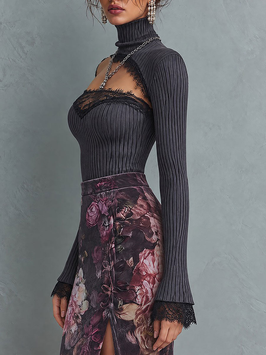 Women's Ribbed Knit Asymmetric Cutout Turtleneck Sweater with Lace Trim