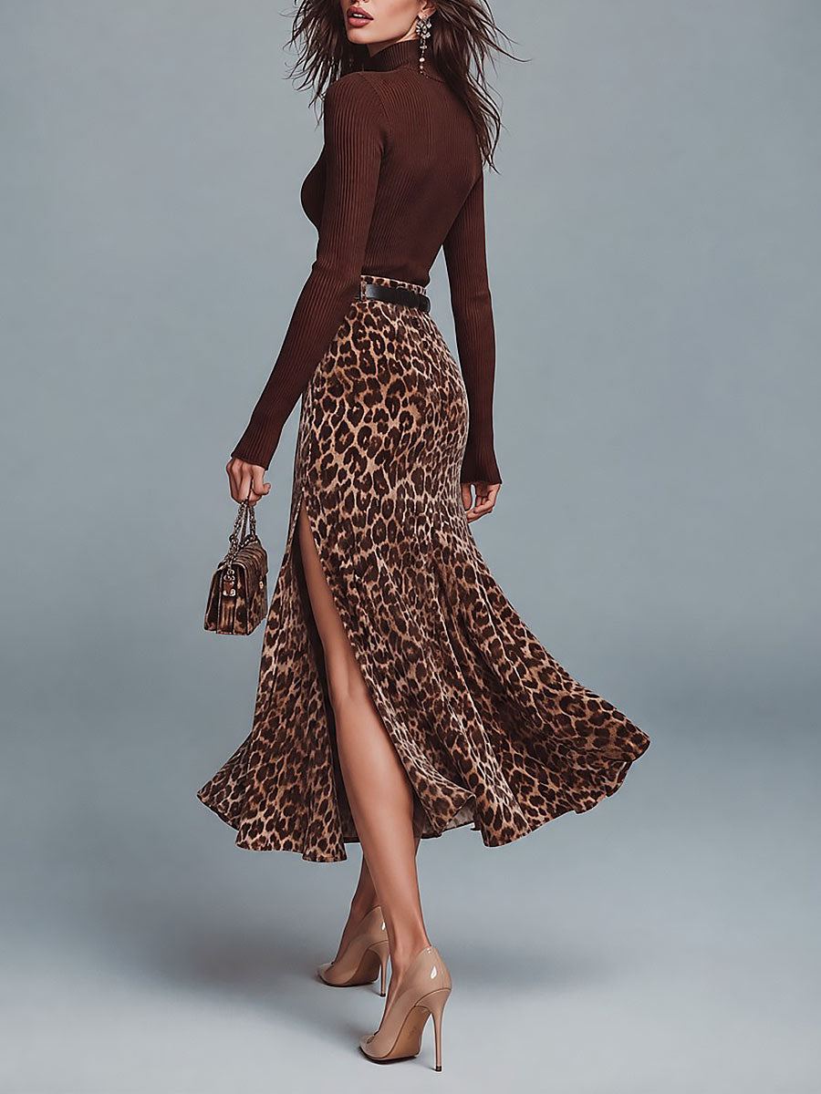 Lace Trim Asymmetrical Cut-out Top & Leopard Print Front Slit Flared Midi Skirt Set