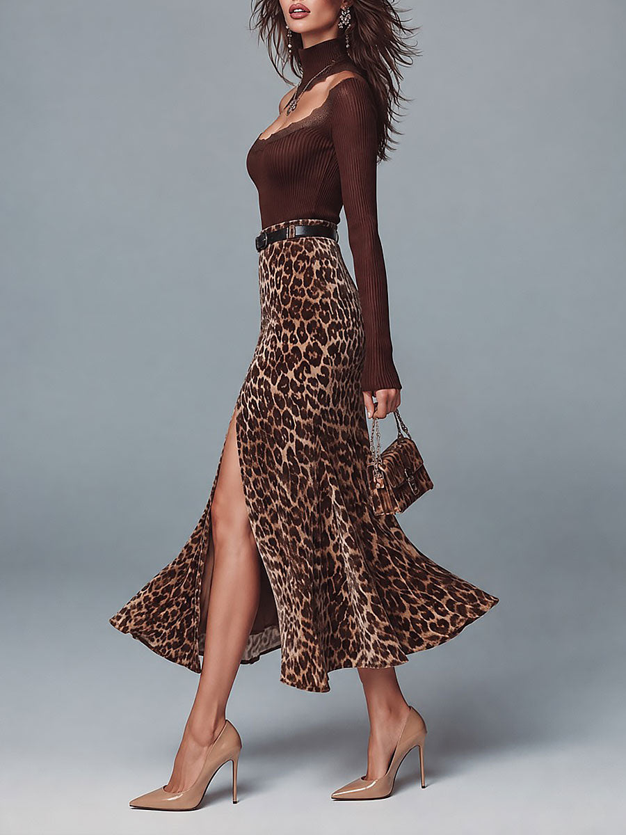 Lace Trim Asymmetrical Cut-out Top & Leopard Print Front Slit Flared Midi Skirt Set