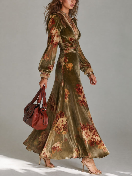 Lace V-Neck Floral Print Polyester Velvet Maxi Dress