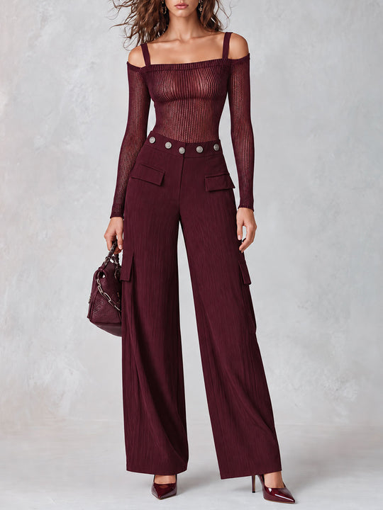 Retro Burgundy Off-Shoulder Sheer Long Sleeve Top & High-waisted Cargo Pants Set