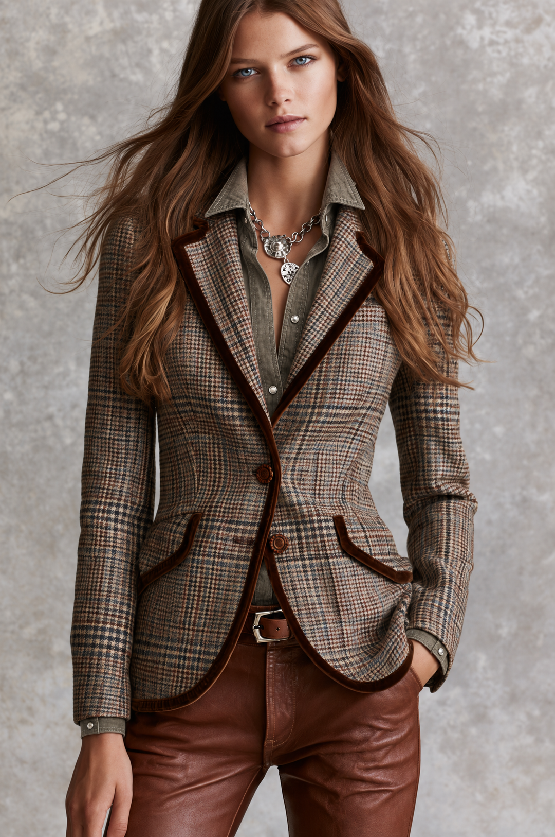 Vintage Brown Glen Plaid Fitted Blazer With Velvet Trim