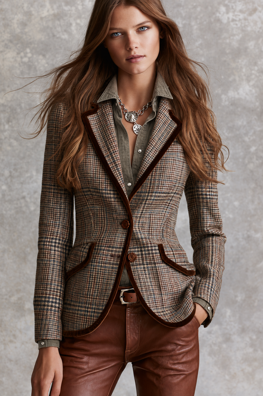 Vintage Brown Glen Plaid Fitted Blazer With Velvet Trim